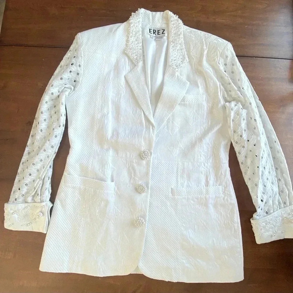 Vintage EREZ Cotton White Blazer Eyelet Long Sleeves Pearl Details Large EUC - Picture 5 of 13